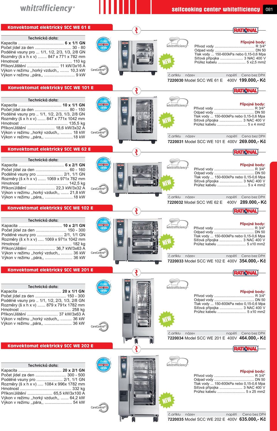 .. 5 x2,5 mm2 7220030 Model SCC WE 61 E 400V 199.000,- Kè Kapacita... 10 x 1/1 GN Poèet jídel za den... 80-150 Rozmìry (š x h x v)... 847 x 771x 1042 mm Hmotnost... 135,5 kg Pøíkon/Jištìní.