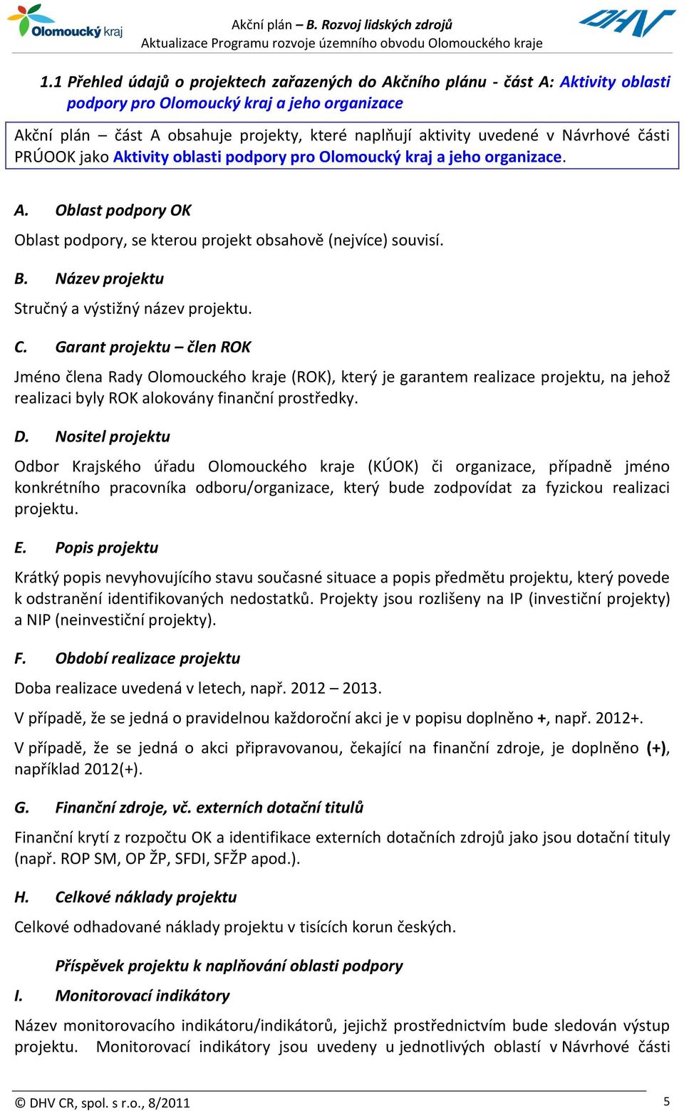 Návrhové části PRÚO jako Aktivity oblasti pro Olomoucký kraj a jeho organizace. A., se kterou projekt obsahově (nejvíce) souvisí. B. Stručný a výstižný název. C.