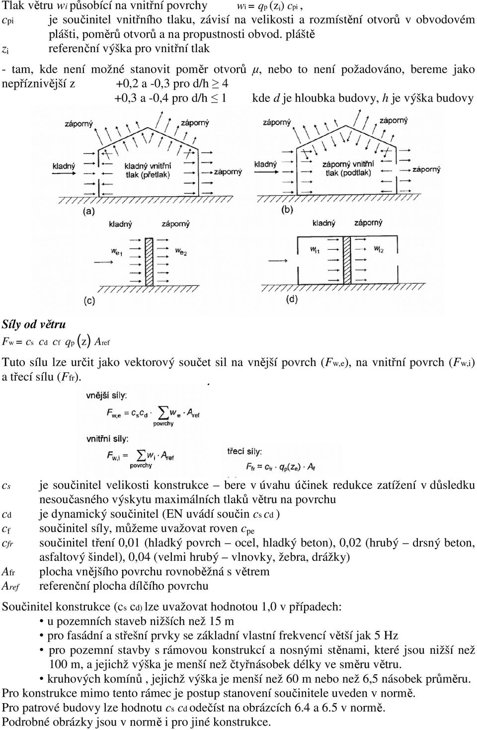 hloubka budovy, h je výška budovy Síly od větru Fw = cs cd cf qp (z) Aref Tuto sílu lze určit jako vektorový součet sil na vnější povrch (Fw,e), na vnitřní povrch (Fw,i) a třecí sílu (Ffr).