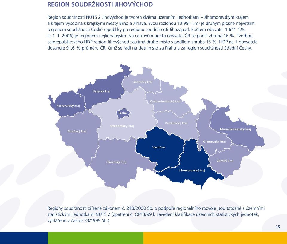 Na celkovém počtu obyvatel ČR se podílí zhruba 16 %. Tvorbou celorepublikového HDP region Jihovýchod zaujímá druhé místo s podílem zhruba 15 %.