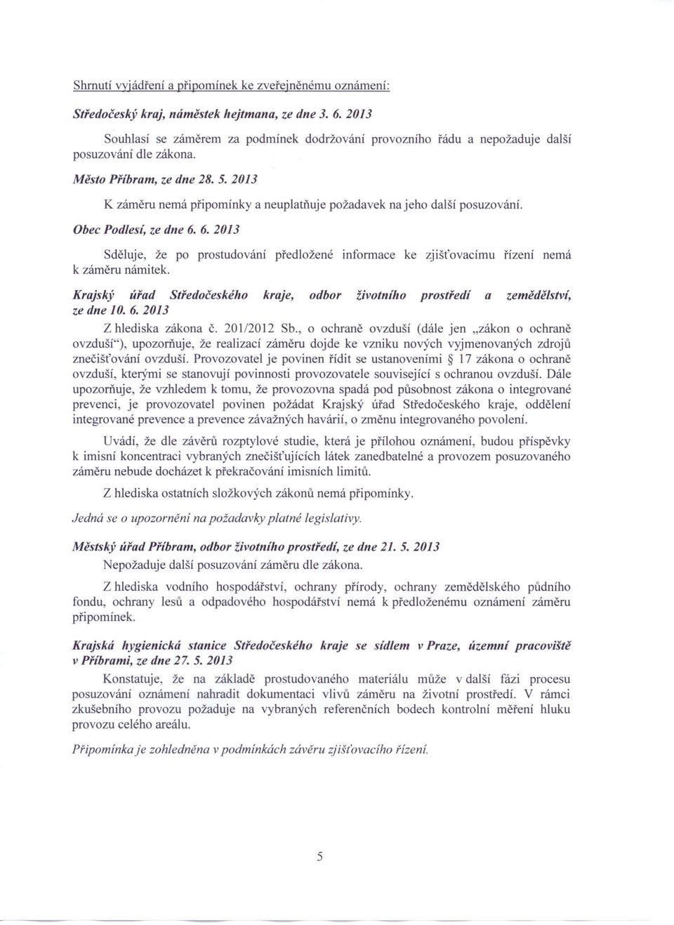 2013 K záměru nemá připomínky a neuplatňuje požadavek na jeho další posuzování. Obec Podlesi, ze dne 6.