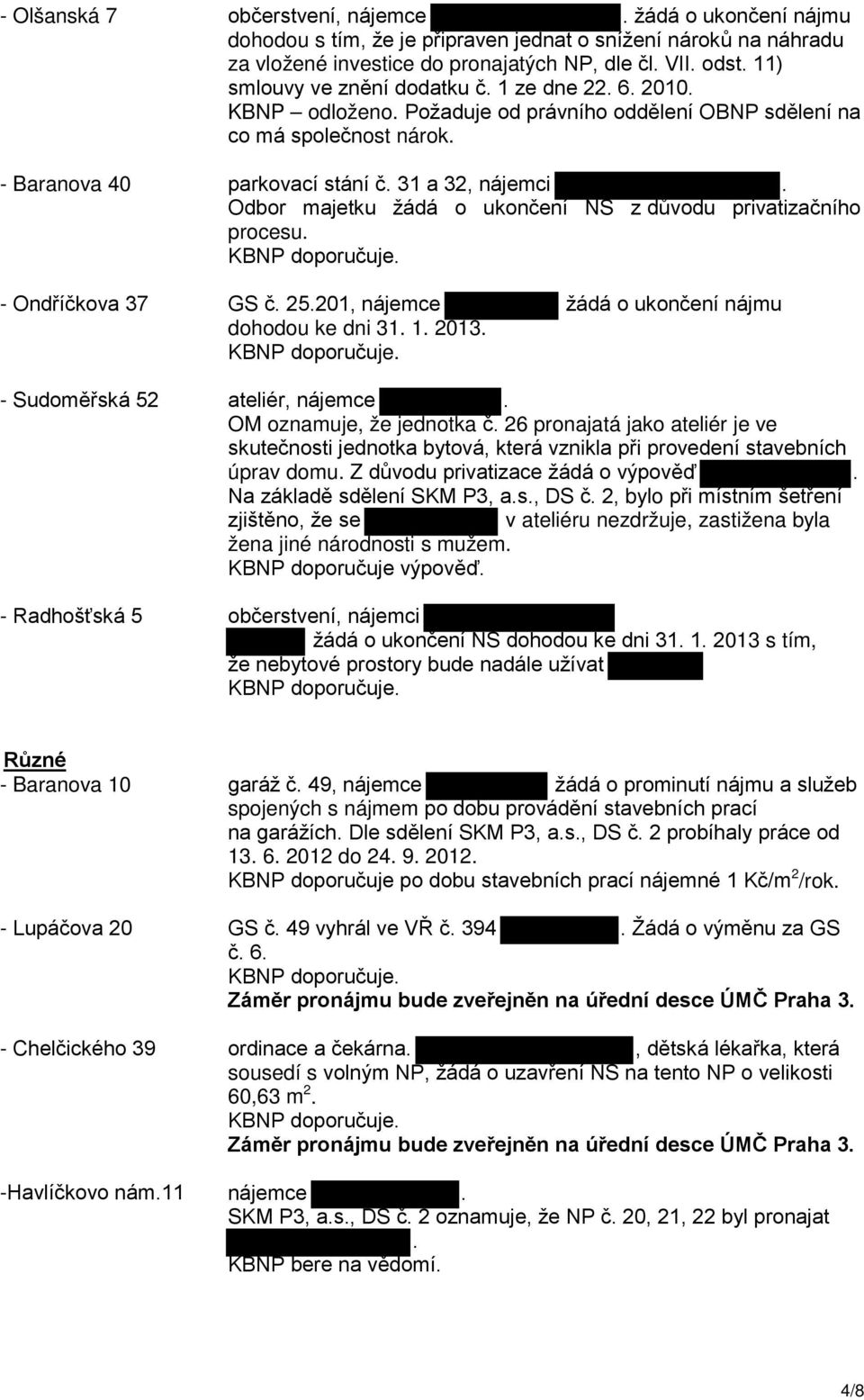 Odbor majetku žádá o ukončení NS z důvodu privatizačního procesu. - Ondříčkova 37 GS č. 25.201, nájemce dohodou ke dni 31. 1. 2013.