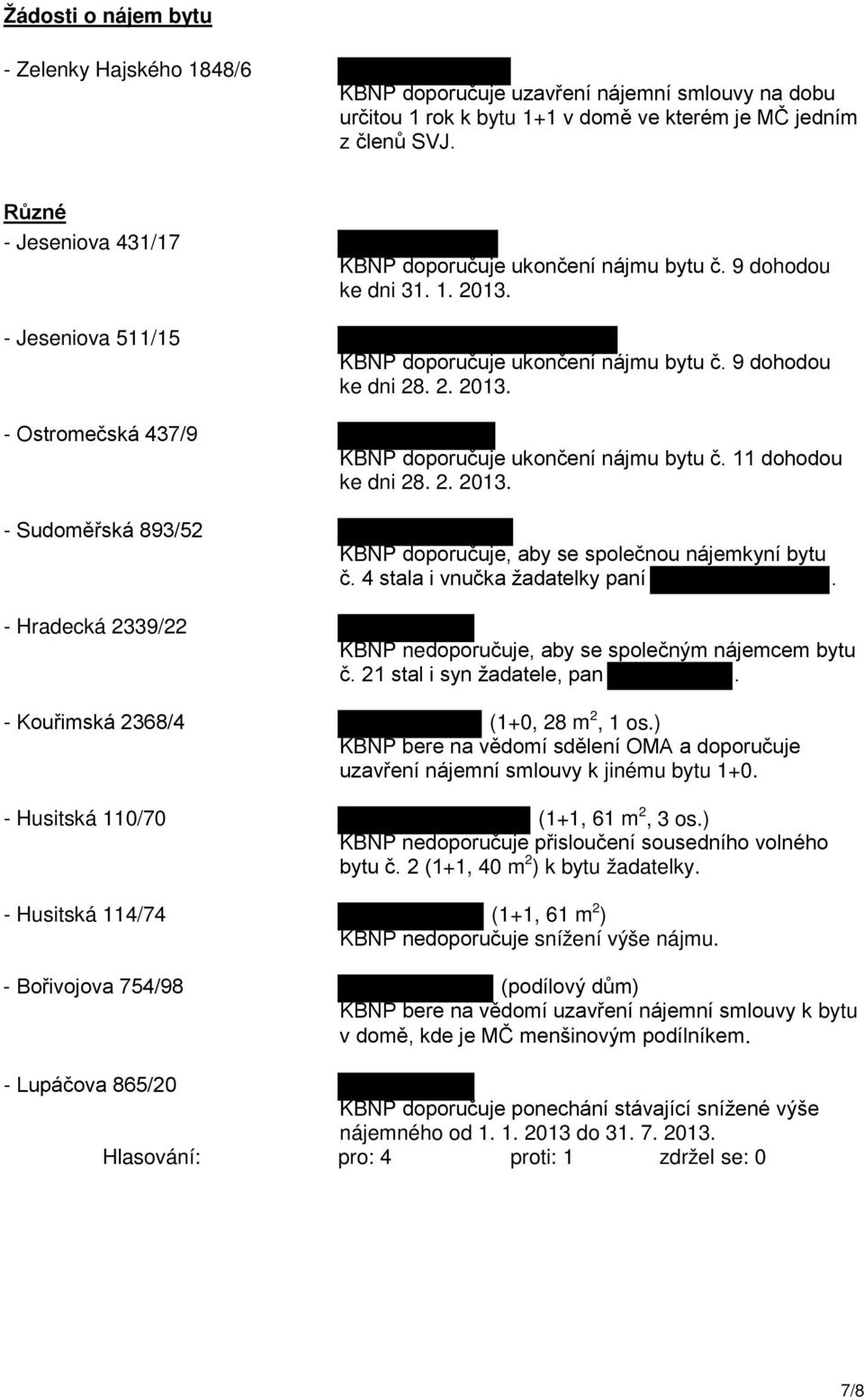 KBNP doporučuje ukončení nájmu bytu č. 9 dohodou ke dni 28. 2. 2013. KBNP doporučuje ukončení nájmu bytu č. 11 dohodou ke dni 28. 2. 2013. KBNP doporučuje, aby se společnou nájemkyní bytu č.