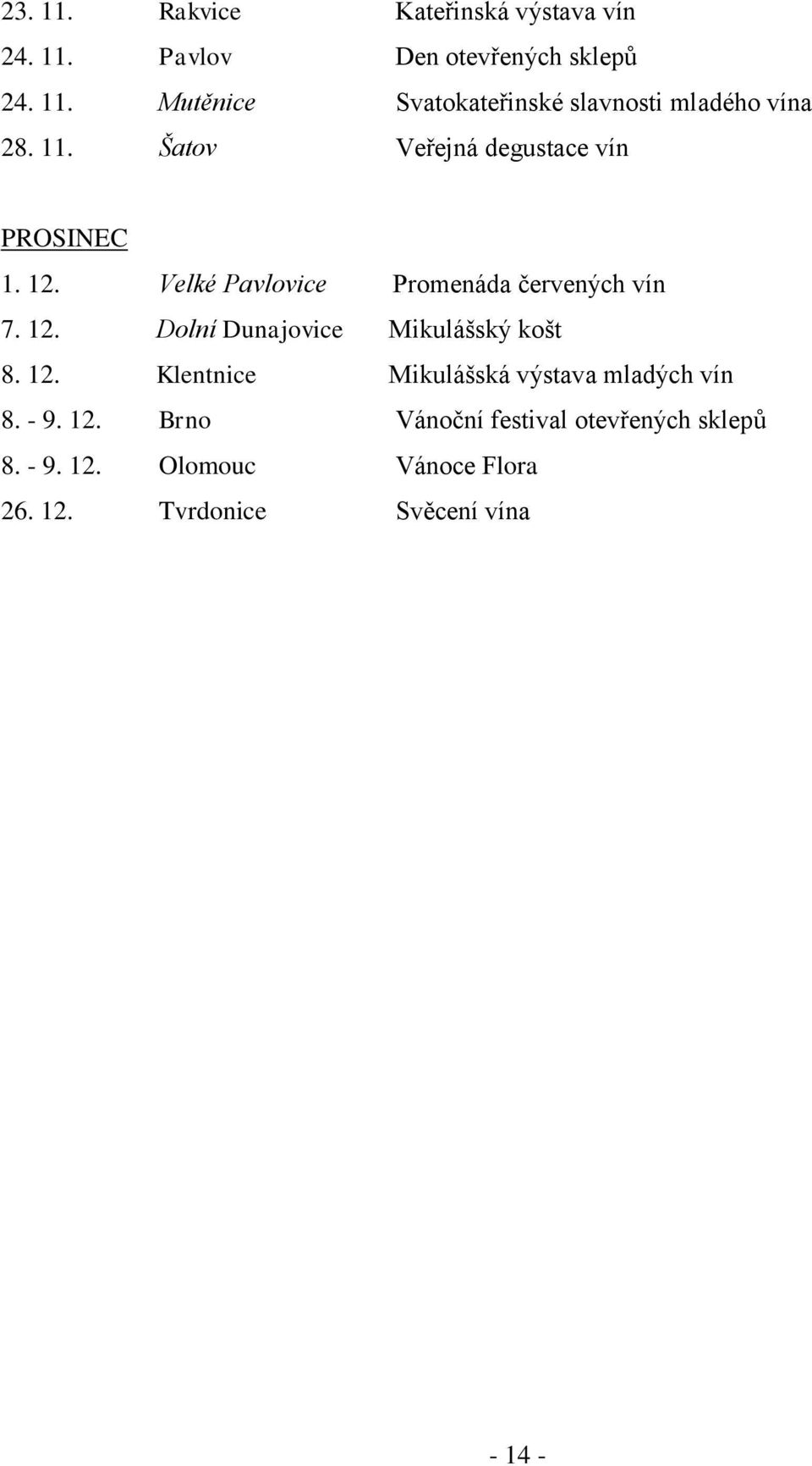 12. Klentnice Mikulášská výstava mladých vín 8. - 9. 12. Brno Vánoční festival otevřených sklepů 8. - 9. 12. Olomouc Vánoce Flora 26.
