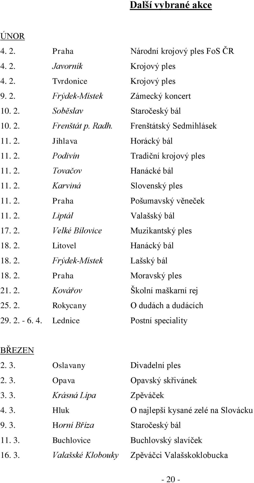 2. Velké Bílovice Muzikantský ples 18. 2. Litovel Hanácký bál 18. 2. Frýdek-Místek Lašský bál 18. 2. Praha Moravský ples 21. 2. Kovářov Školní maškarní rej 25. 2. Rokycany O dudách a dudácích 29. 2. - 6.