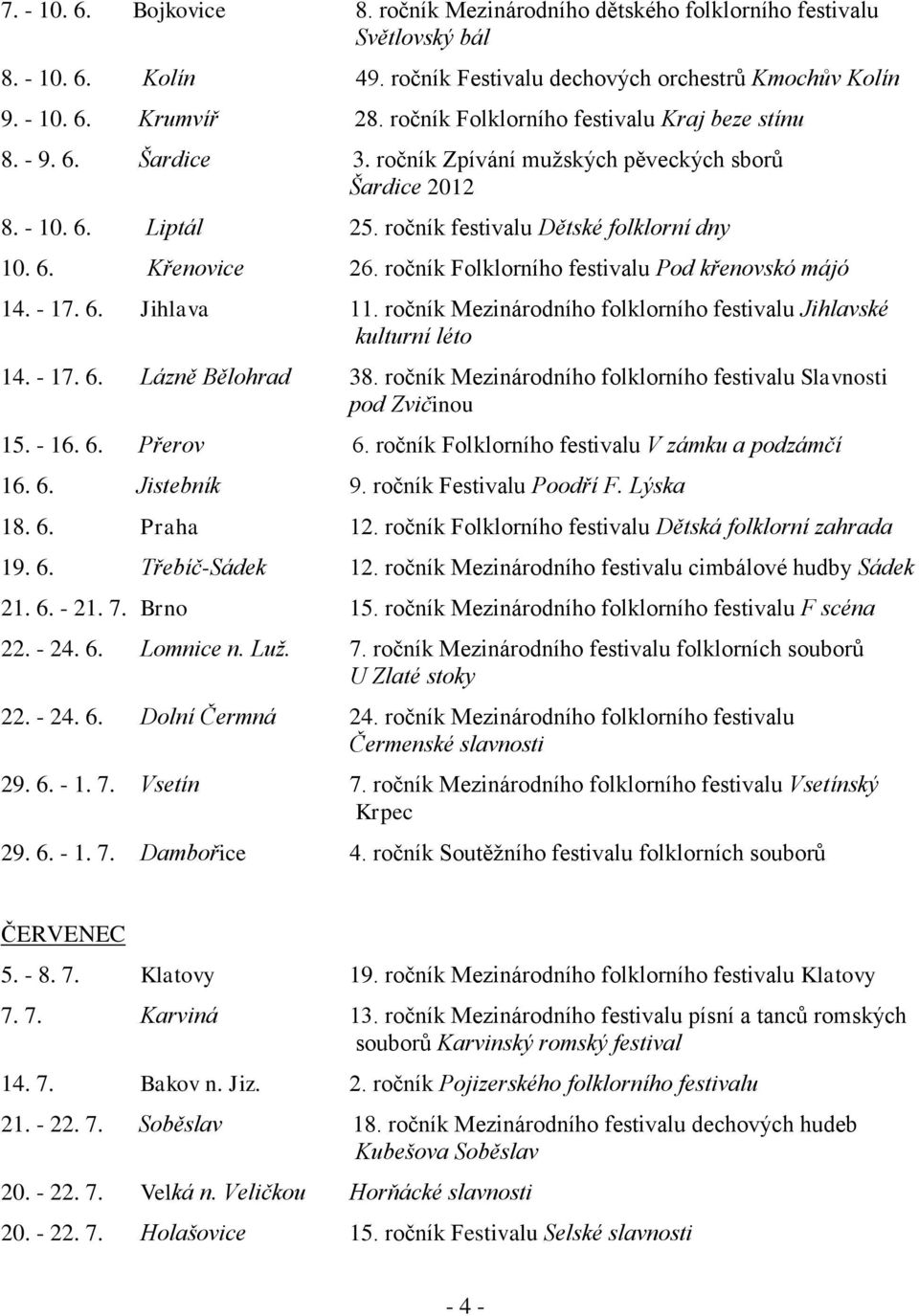 ročník Folklorního festivalu Pod křenovskó májó 14. - 17. 6. Jihlava 11. ročník Mezinárodního folklorního festivalu Jihlavské kulturní léto 14. - 17. 6. Lázně Bělohrad 38.