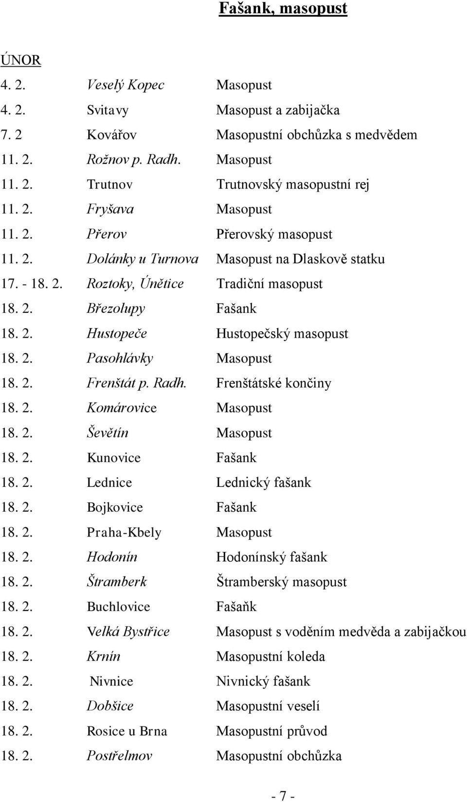 2. Pasohlávky Masopust 18. 2. Frenštát p. Radh. Frenštátské končiny 18. 2. Komárovice Masopust 18. 2. Ševětín Masopust 18. 2. Kunovice Fašank 18. 2. Lednice Lednický fašank 18. 2. Bojkovice Fašank 18.