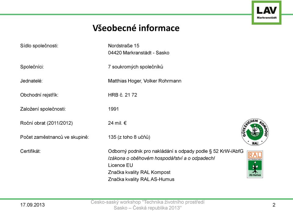 21 72 Založení společnosti: 1991 Roční obrat (2011/2012) 24 mil.