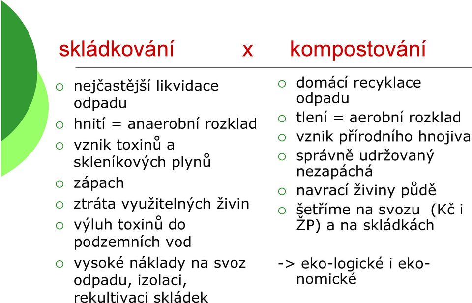 odpadu, izolaci, rekultivaci skládek domácí recyklace odpadu tlení = aerobní rozklad vznik přírodního