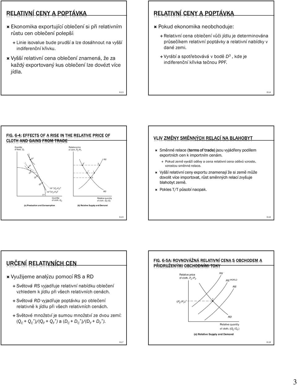 RELATIVNÍ CENY A POPTÁVKA Pokud ekonomika neobchoduje: Relativní cena oblečení vůči jídlu je determinována průsečíkem relativní poptávky a relativní nabídky v dané zemi.