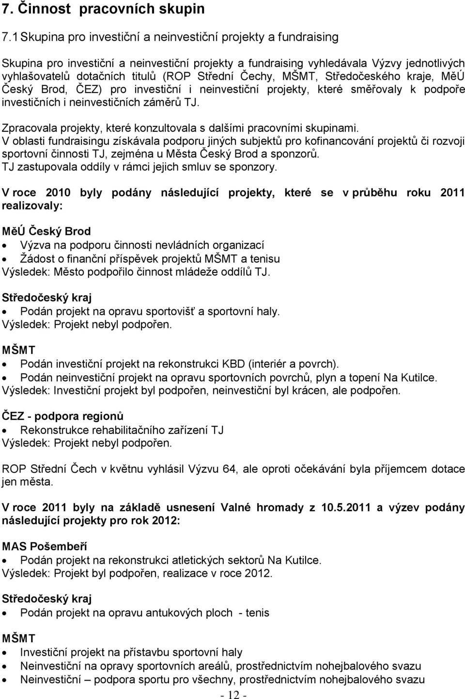 Čechy, MŠMT, Středočeského kraje, MěÚ Český Brod, ČEZ) pro investiční i neinvestiční projekty, které směřovaly k podpoře investičních i neinvestičních záměrů TJ.