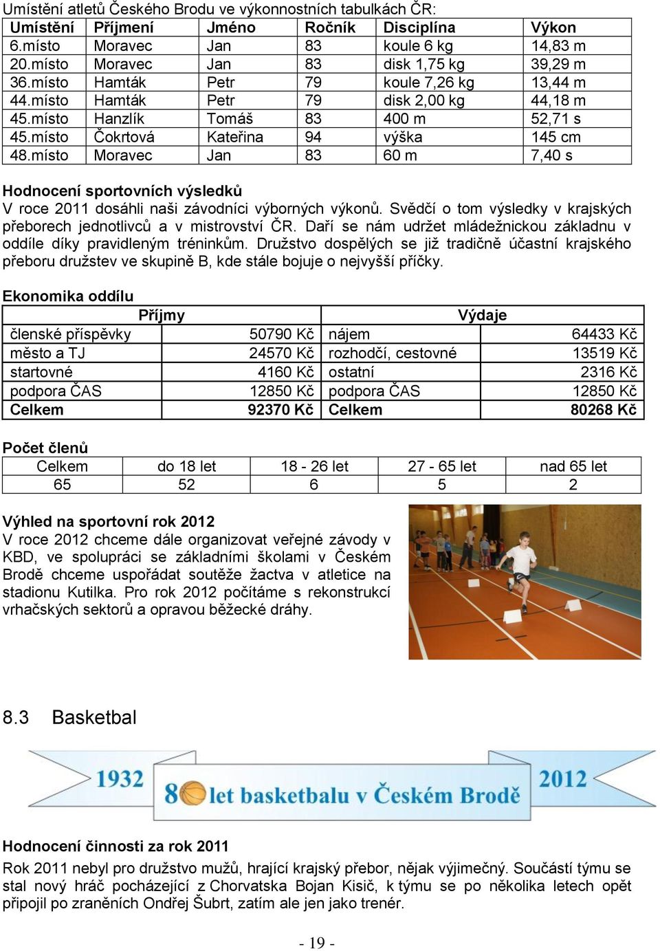 místo Moravec Jan 83 60 m 7,40 s Hodnocení sportovních výsledků V roce 2011 dosáhli naši závodníci výborných výkonů. Svědčí o tom výsledky v krajských přeborech jednotlivců a v mistrovství ČR.