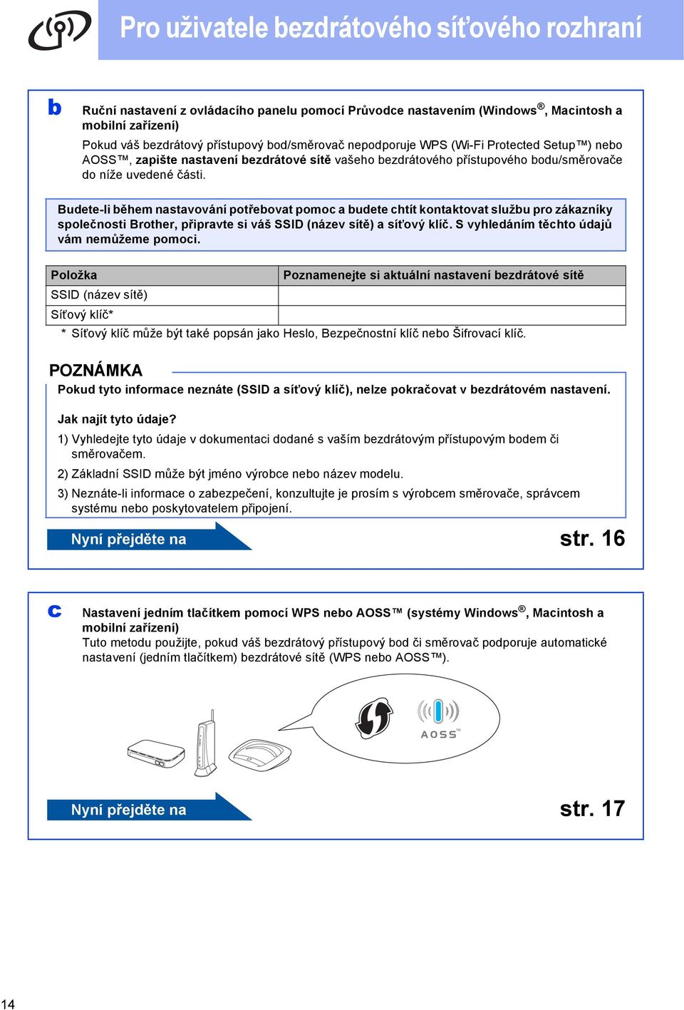 Buete-li ěhem nstvování potřeovt pomo uete htít kontktovt služu pro zákzníky společnosti Brother, připrvte si váš SSID (název sítě) síťový klíč. S vyhleáním těhto újů vám nemůžeme pomoi.