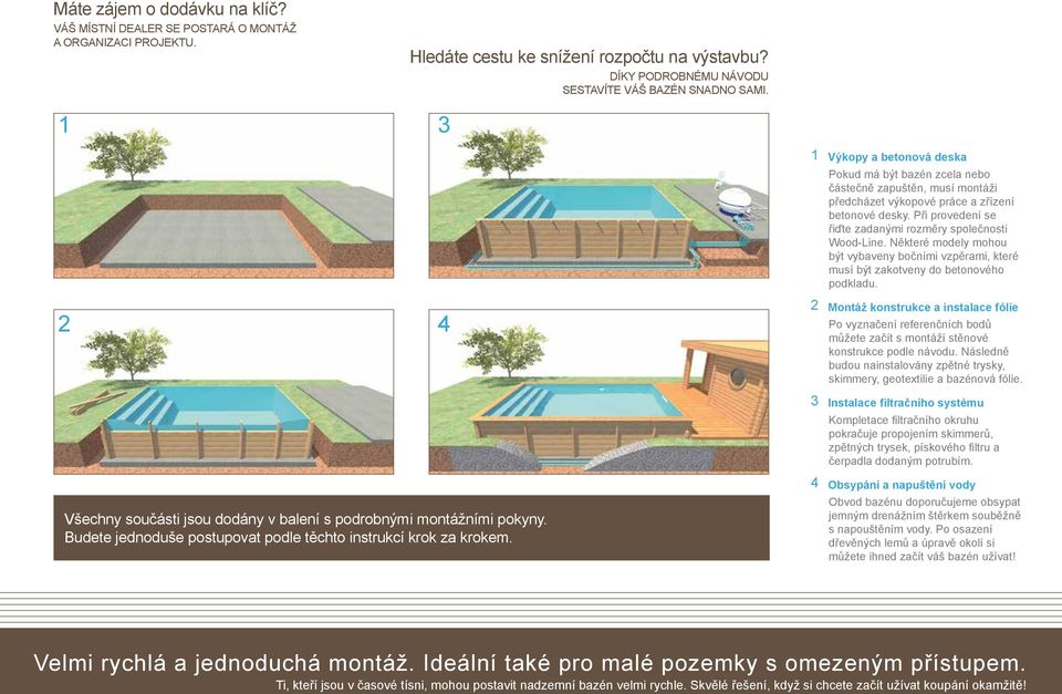 Při provedení se řiďte zadanými rozměry společnosti Wood-Line. Některé modely mohou být vybaveny bočními vzpěrami, které musí být zakotveny do betonového podkladu.