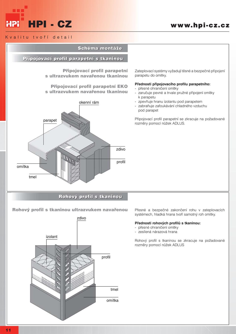 Přednosti připojovacího profilu parapetního: - přesné ohraničení omítky - zaručuje pevné a trvale pružné připojení omítky k parapetu - zpevňuje hranu izolantu pod parapetem - zabraňuje zafoukávání