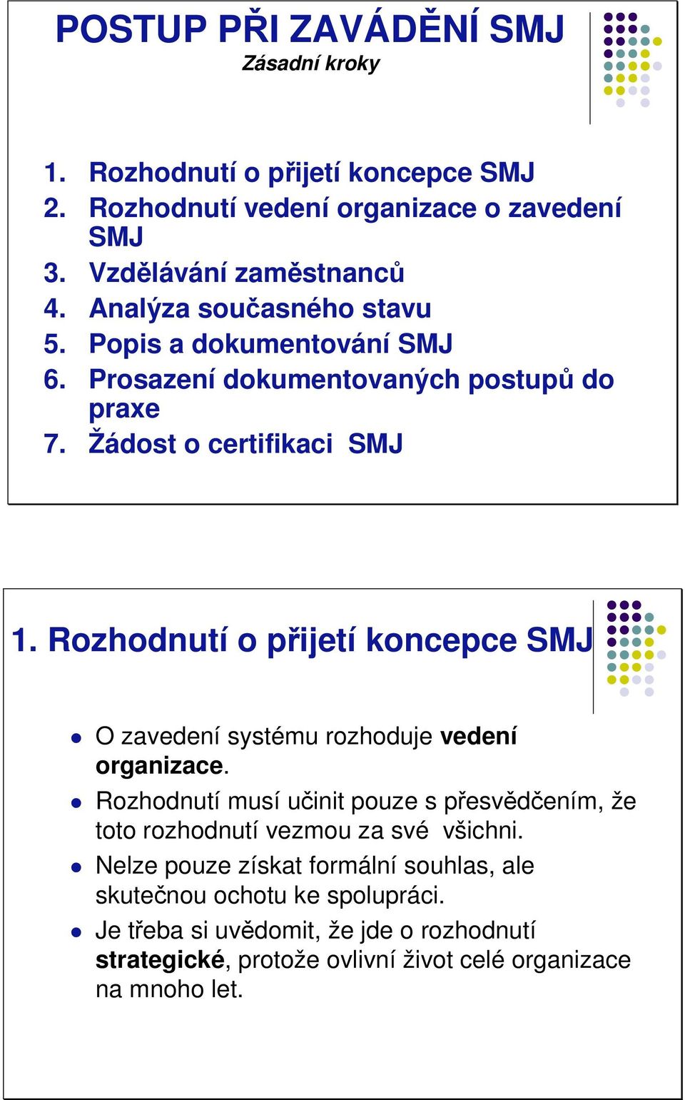 Rozhodnutí o pijetí koncepce SMJ O zavedení systému rozhoduje vedení organizace.