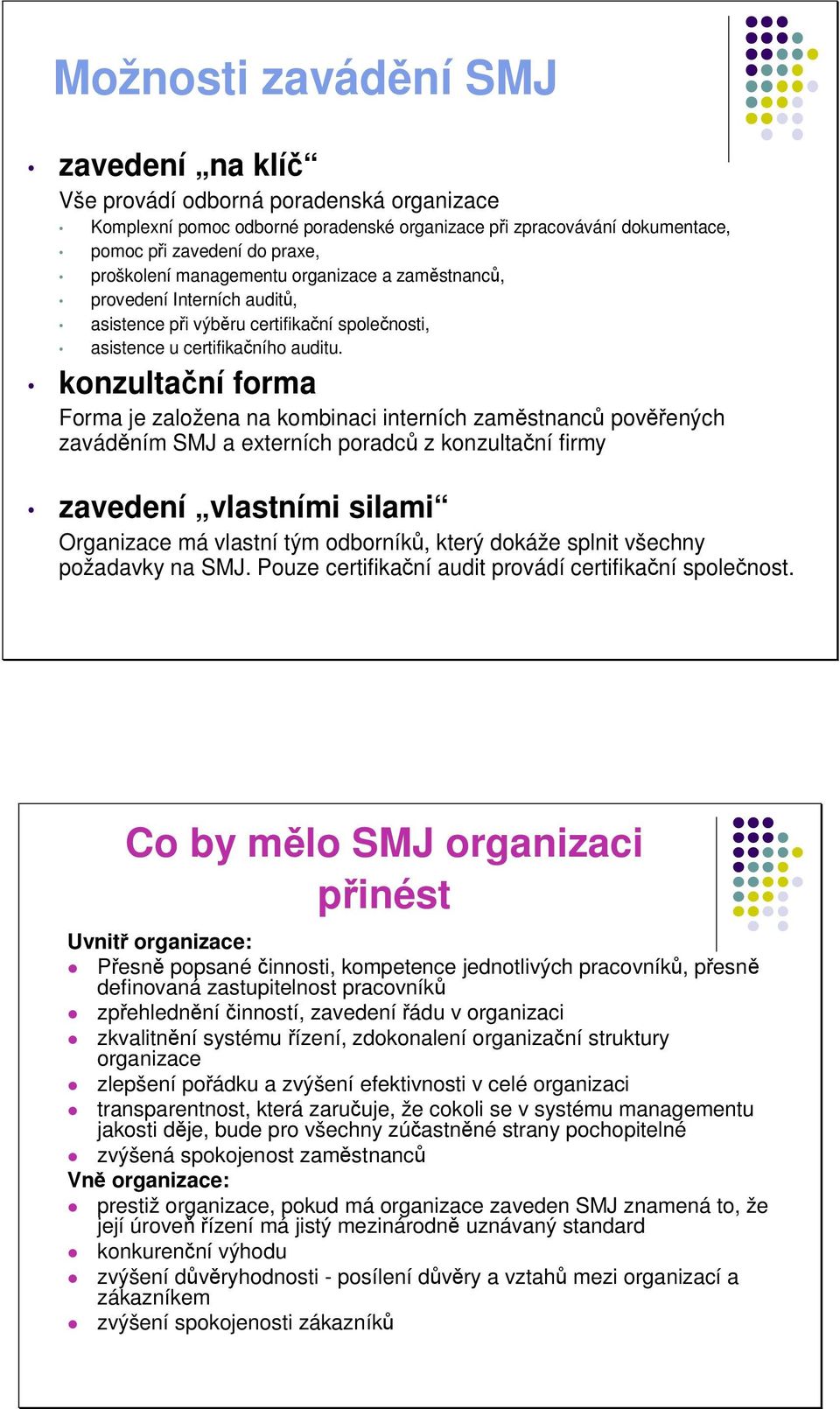 konzultaní forma Forma je založena na kombinaci interních zamstnanc povených zavádním SMJ a externích poradc z konzultaní firmy zavedení vlastními silami Organizace má vlastní tým odborník, který