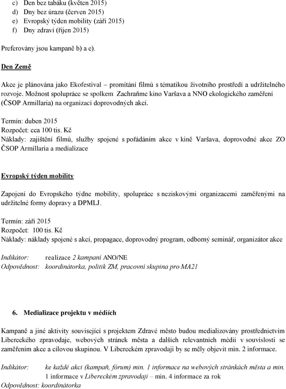 Možnost spolupráce se spolkem Zachraňme kino Varšava a NNO ekologického zaměření (ČSOP Armillaria) na organizaci doprovodných akcí. Termín: duben 2015 Rozpočet: cca 100 tis.