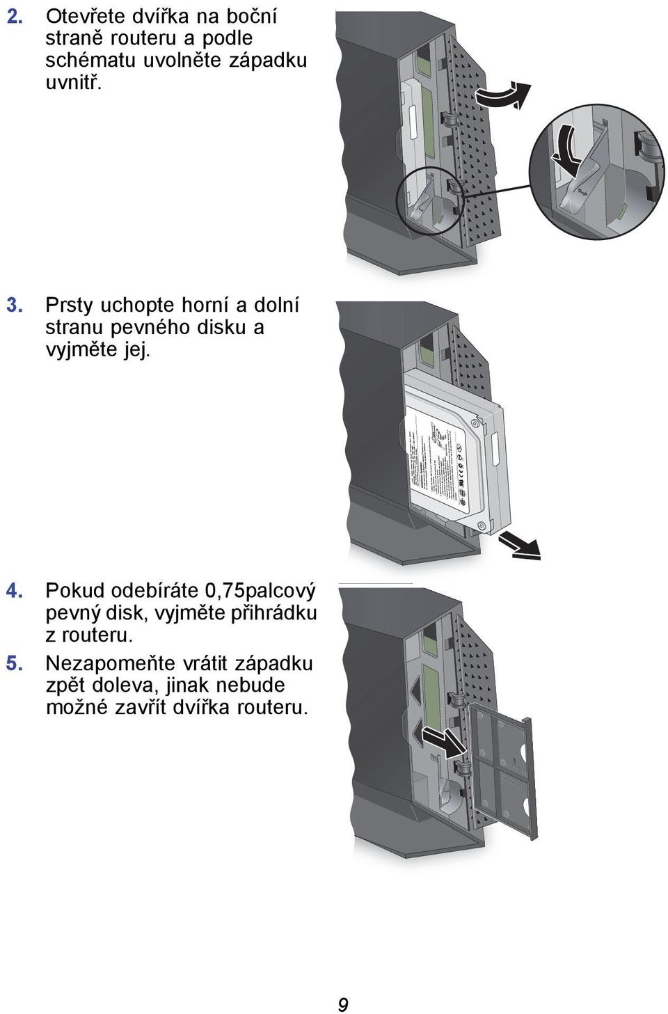 Pokud odebíráte 0,75palcový pevný disk, vyjměte přihrádku z routeru. 5.