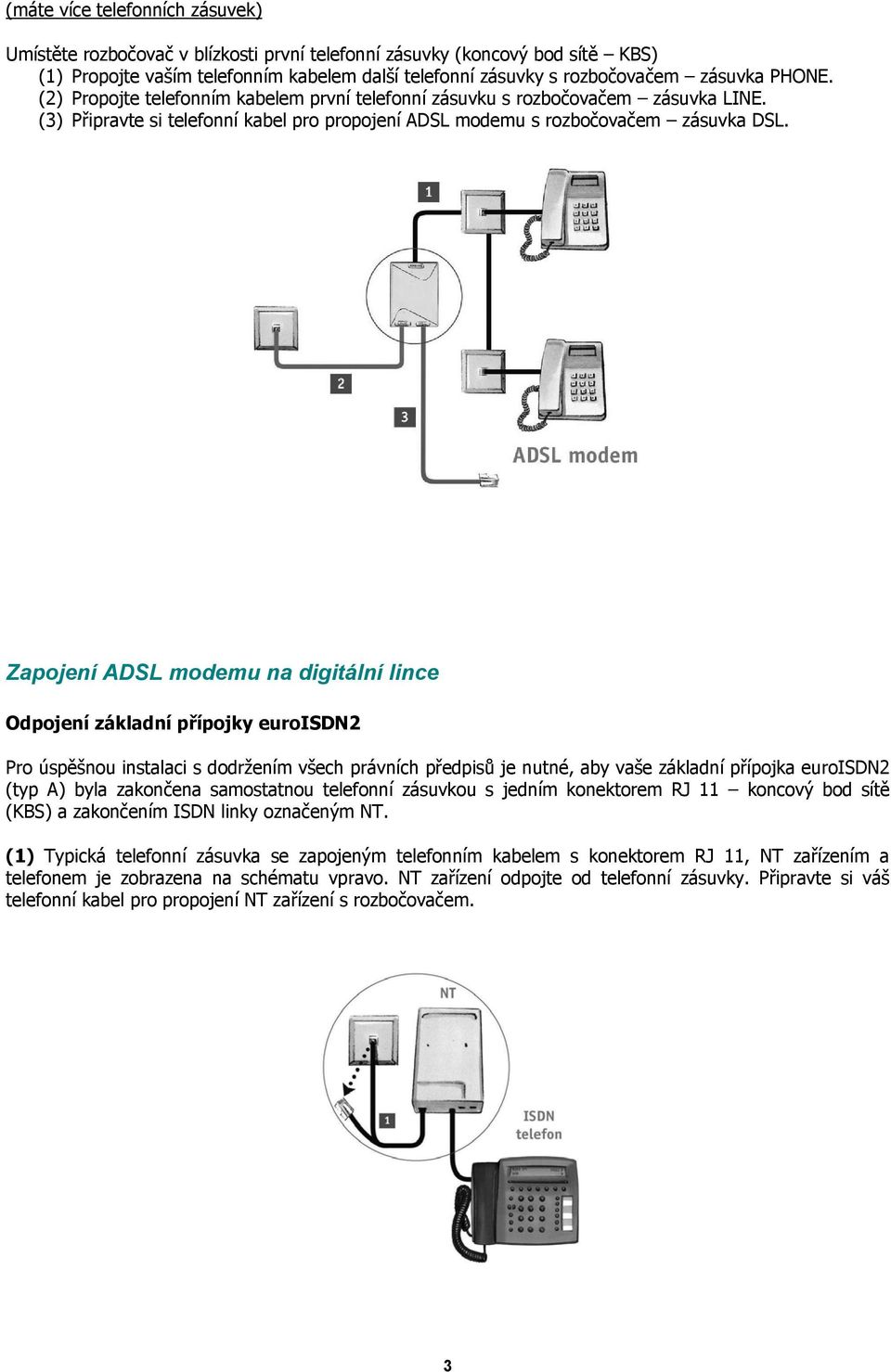 Zapojení ADSL modemu na digitální lince Odpojení základní přípojky euroisdn2 Pro úspěšnou instalaci s dodržením všech právních předpisů je nutné, aby vaše základní přípojka euroisdn2 (typ A) byla