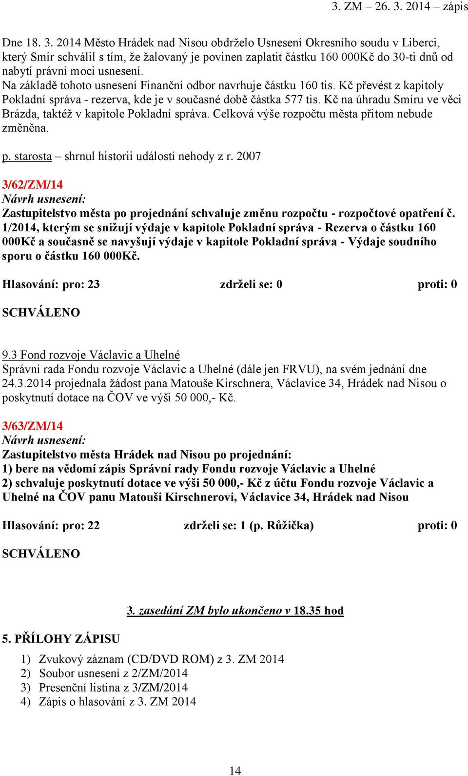 Na základě tohoto usnesení Finanční odbor navrhuje částku 160 tis. Kč převést z kapitoly Pokladní správa - rezerva, kde je v současné době částka 577 tis.