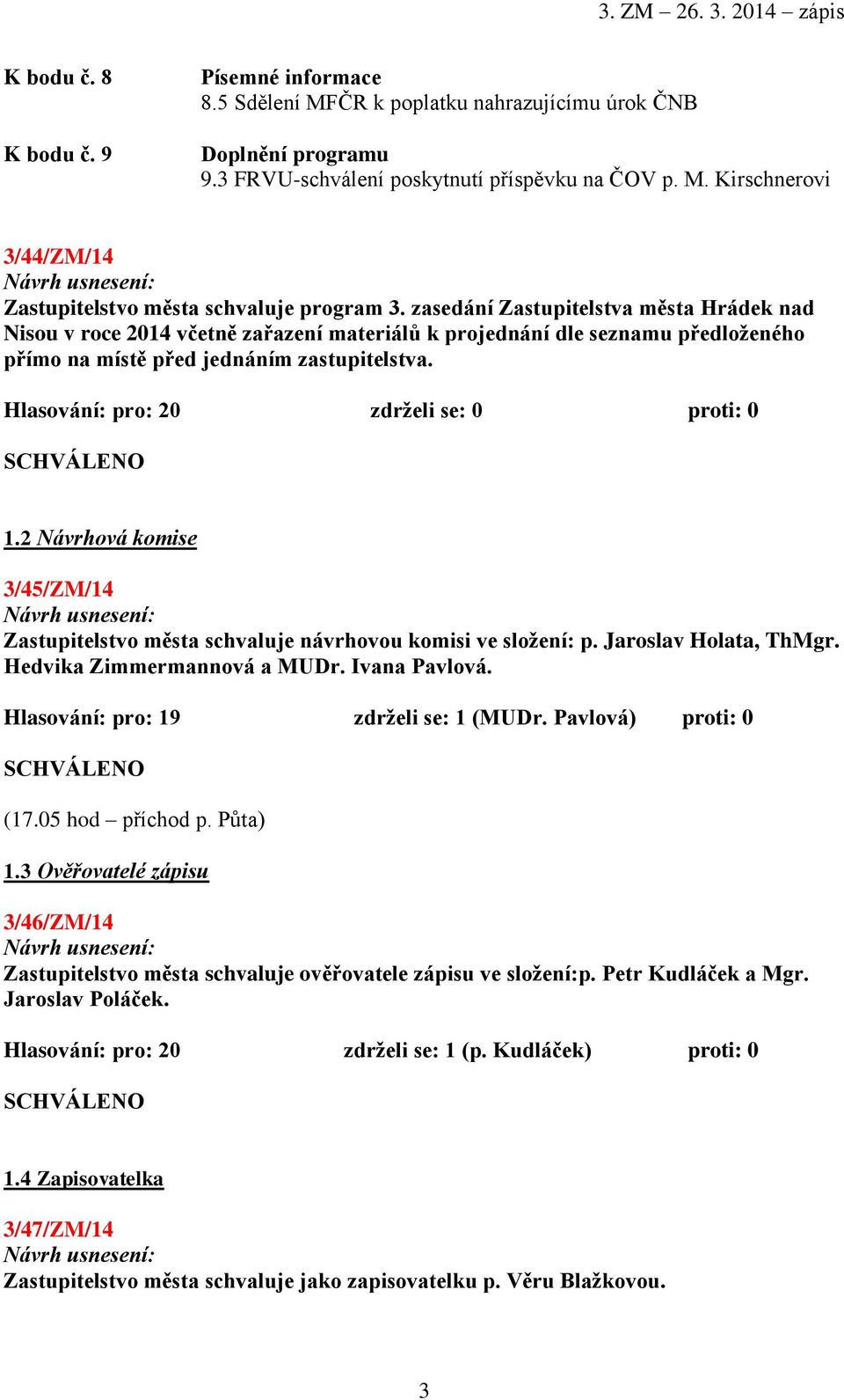 Hlasování: pro: 20 zdrželi se: 0 proti: 0 1.2 Návrhová komise 3/45/ZM/14 Zastupitelstvo města schvaluje návrhovou komisi ve složení: p. Jaroslav Holata, ThMgr. Hedvika Zimmermannová a MUDr.