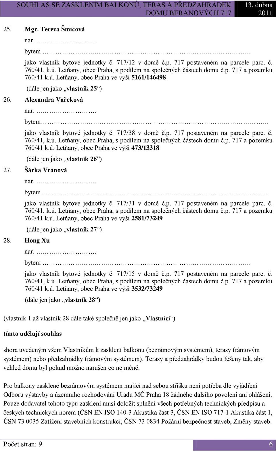 Šárk Vránová jko vlstník bytové jednotky č. 717/31 v domě č.p. 717 postveném n prcele prc. č. 760/41 k.ú. Letňny, obec Prh ve výši 2581/73249 (dále jen jko vlstník 27 ) 28.