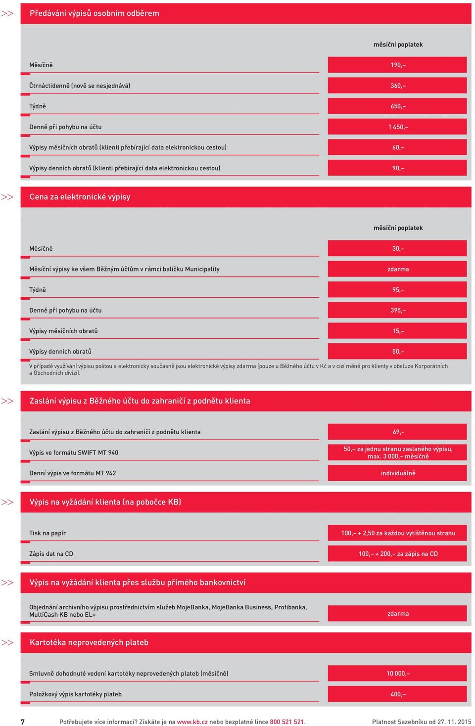 rámci balíčku Municipality Týdně 95, Denně při pohybu na účtu 395, Výpisy měsíčních obratů 15, Výpisy denních obratů 50, V případě využívání výpisu poštou a elektronicky současně jsou elektronické