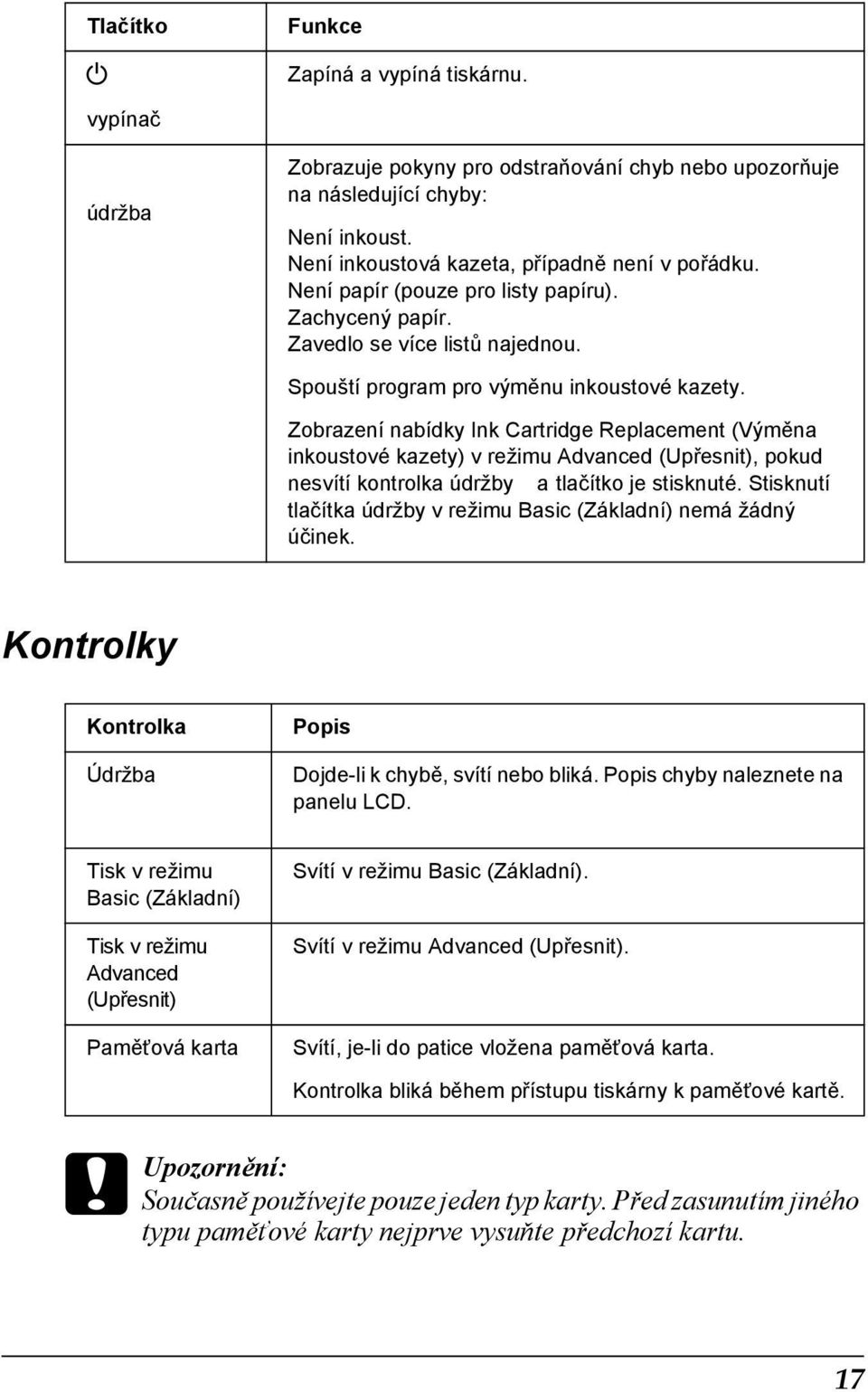 Zobrazení nabídky Ink Cartridge Replacement (Výměna inkoustové kazety) v režimu Advanced (Upřesnit), pokud nesvítí kontrolka údržby a tlačítko je stisknuté.
