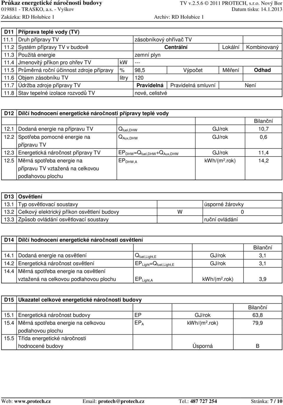 7 Údržba zdroje přípravy TV Pravidelná Pravidelná smluvní Není 11.8 Stav tepelné izolace rozvodů TV nové, celistvé D12 Dílčí hodnocení energetické náročnosti přípravy teplé vody Bilanční 12.