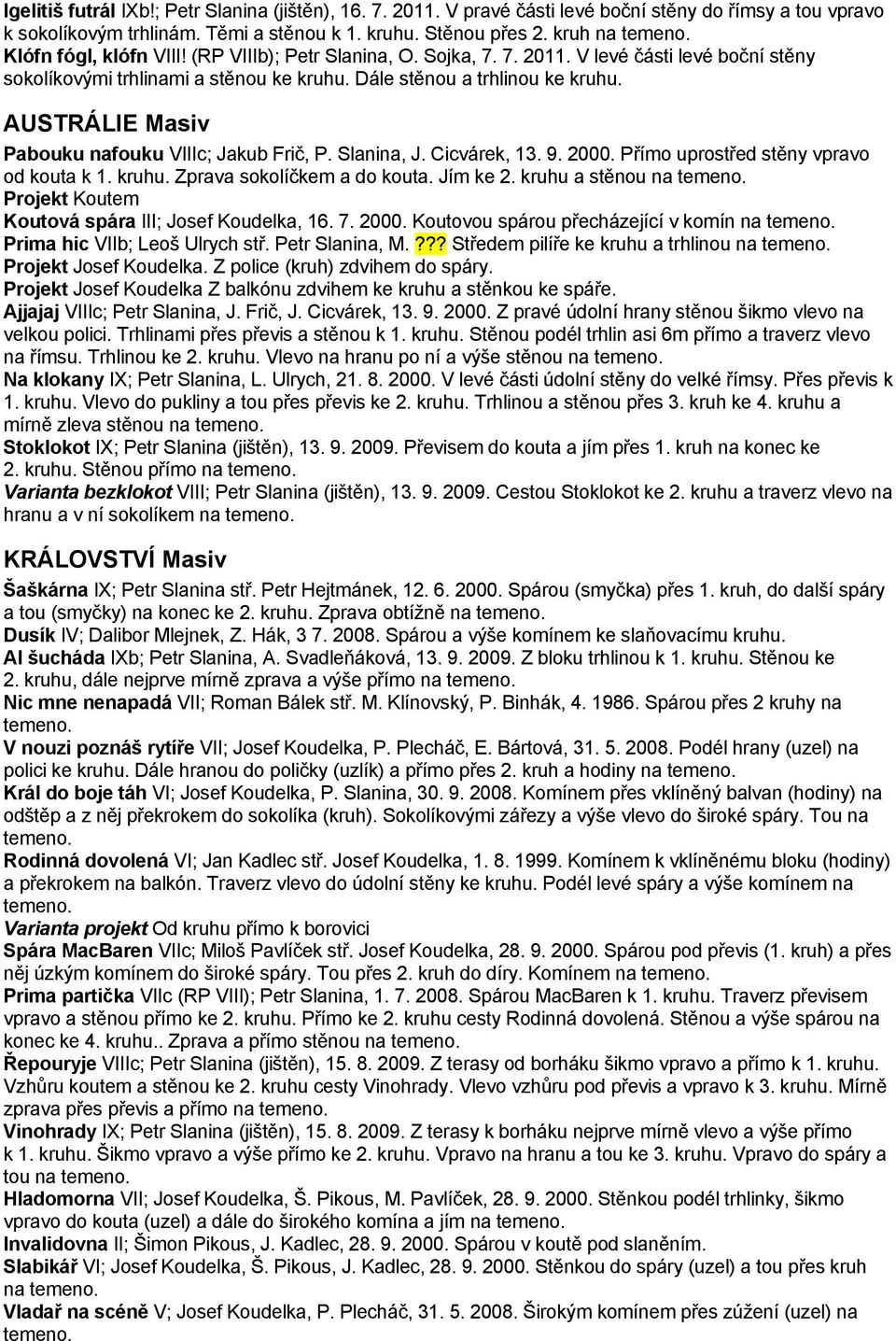 AUSTRÁLIE Masiv Pabouku nafouku VIIIc; Jakub Frič, P. Slanina, J. Cicvárek, 13. 9. 2000. Přímo uprostřed stěny vpravo od kouta k 1. kruhu. Zprava sokolíčkem a do kouta. Jím ke 2.