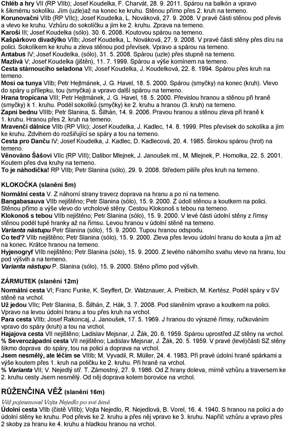 30. 6. 2008. Koutovou spárou na Kašpárkovo divadýlko VIIb; Josef Koudelka, L. Nováková, 27. 9. 2008. V pravé části stěny přes díru na polici. Sokolíkem ke kruhu a zleva stěnou pod převísek.