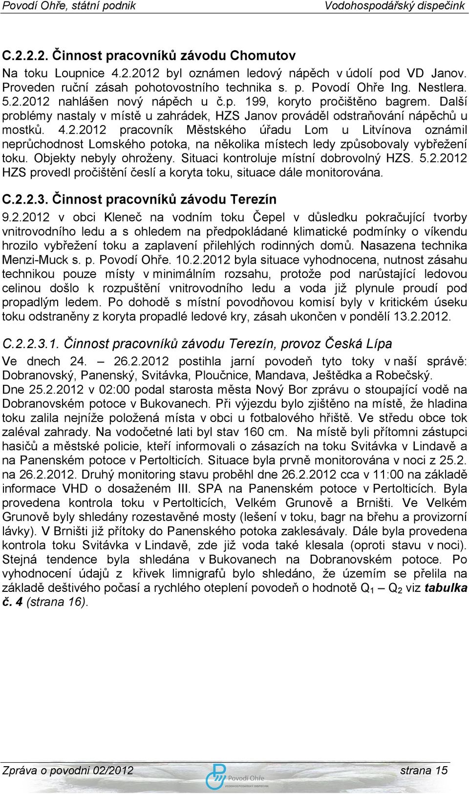 2012 pracovník Městského úřadu Lom u Litvínova oznámil neprůchodnost Lomského potoka, na několika místech ledy způsobovaly vybřežení toku. Objekty nebyly ohroženy.