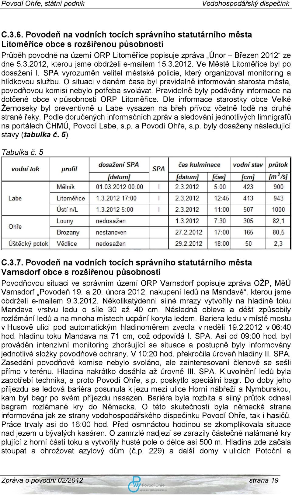 O situaci v daném čase byl pravidelně informován starosta města, povodňovou komisi nebylo potřeba svolávat. Pravidelně byly podávány informace na dotčené obce v působnosti ORP Litoměřice.