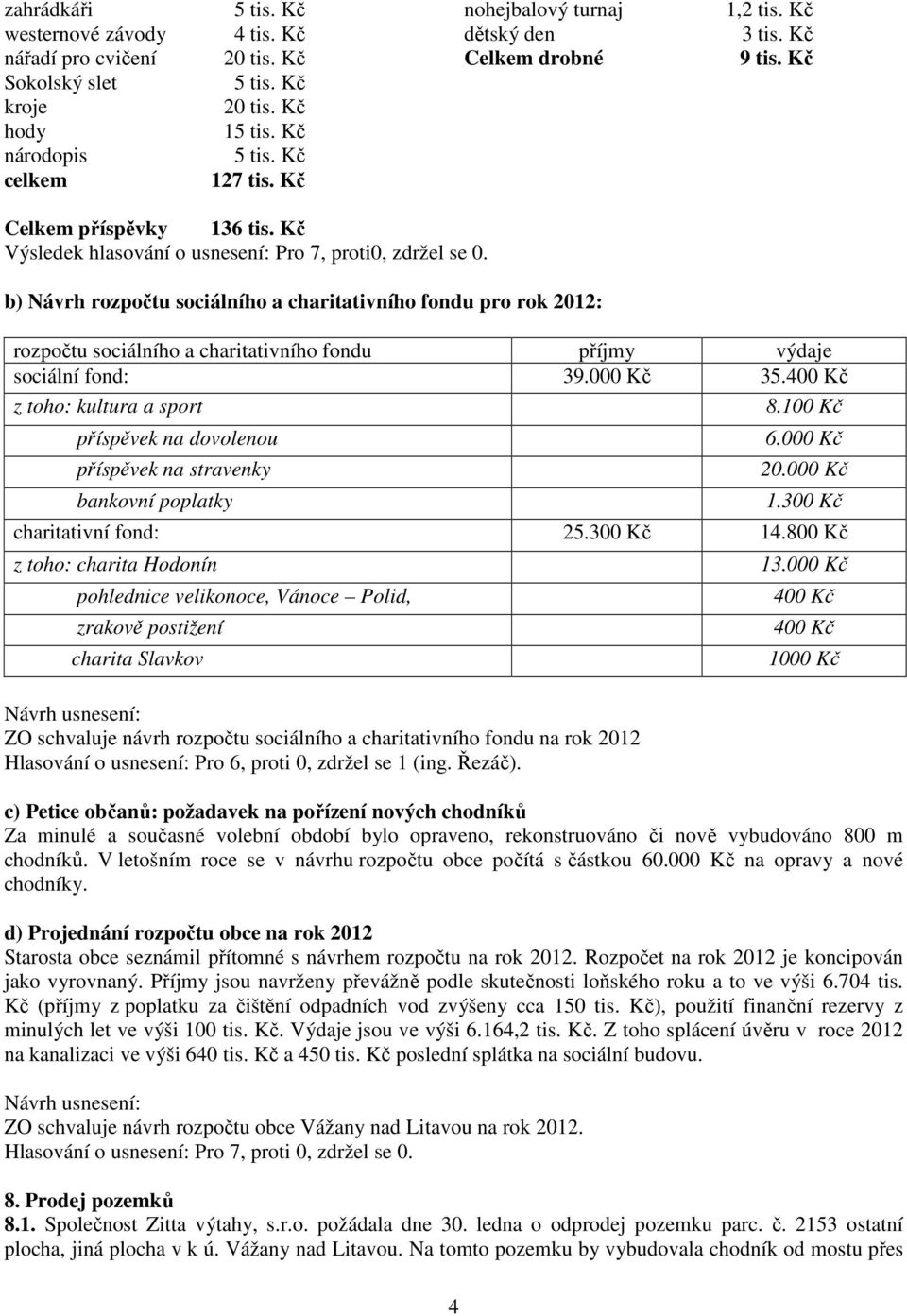 b) Návrh rozpočtu sociálního a charitativního fondu pro rok 2012: rozpočtu sociálního a charitativního fondu příjmy výdaje sociální fond: 39.000 Kč 35.400 Kč z toho: kultura a sport 8.