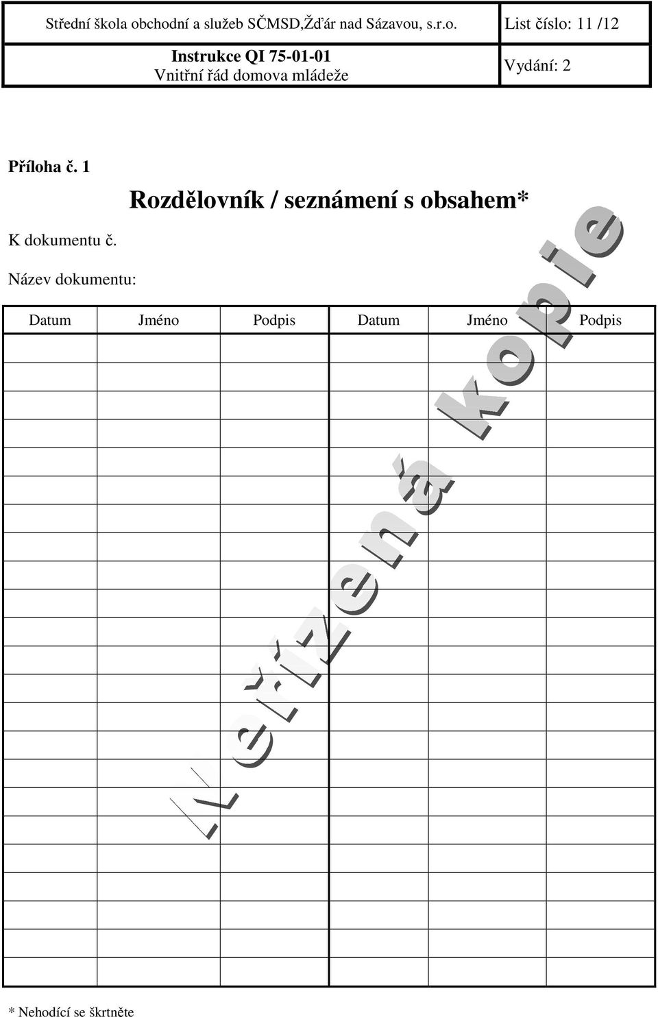 1 Rozdělovník / seznámení s obsahem* K dokumentu č.