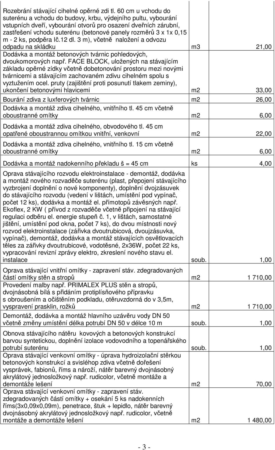 1x 0,15 m - 2 ks, podpěra Ič.12 dl. 3 m), včetně naložení a odvozu odpadu na skládku m3 21,00 Dodávka a montáž betonových tvárnic pohledových, dvoukomorových např.