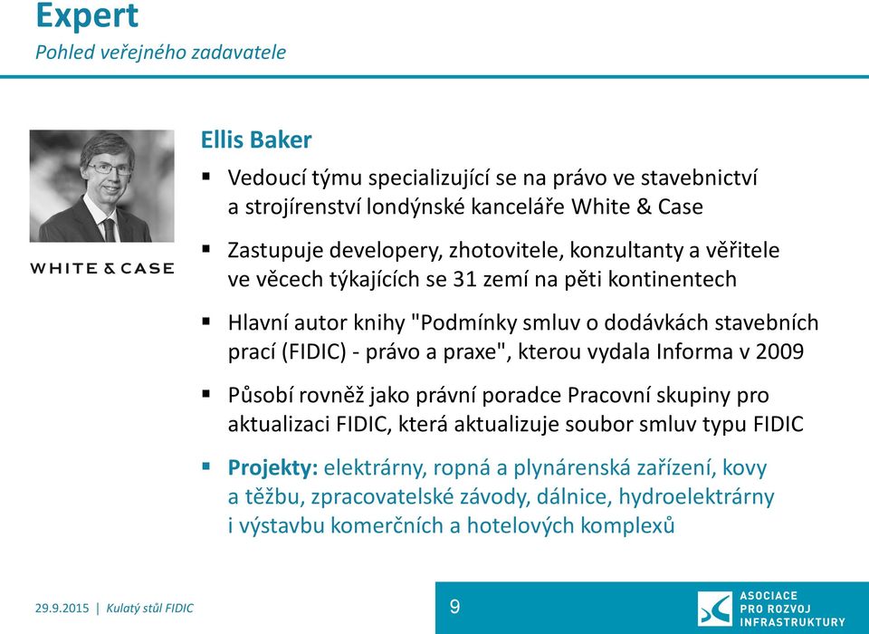 (FIDIC) - právo a praxe", kterou vydala Informa v 2009 Působí rovněž jako právní poradce Pracovní skupiny pro aktualizaci FIDIC, která aktualizuje soubor smluv typu