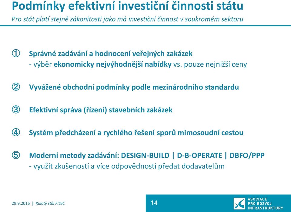 pouze nejnižší ceny 2 Vyvážené obchodní podmínky podle mezinárodního standardu 3 Efektivní správa (řízení) stavebních zakázek 4