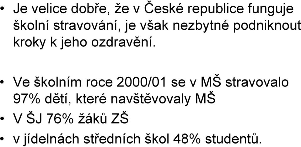 Ve školním roce 2000/01 se v MŠ stravovalo 97% dětí, které