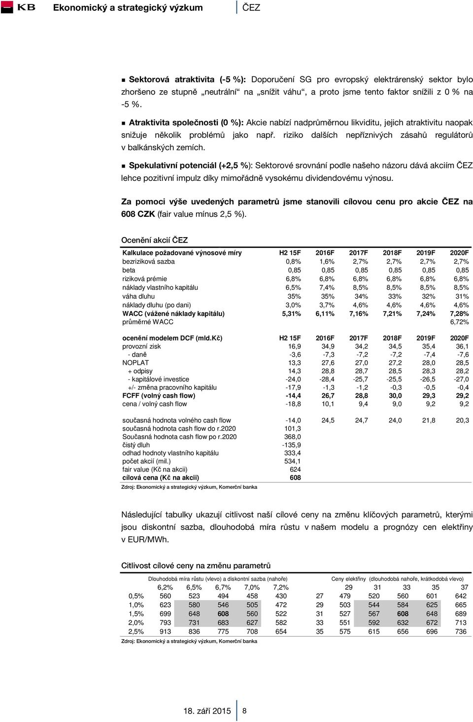 Spekulativní potenciál (+2,5 %): Sektorové srovnání podle našeho názoru dává akciím ČEZ lehce pozitivní impulz díky mimořádně vysokému dividendovému výnosu.