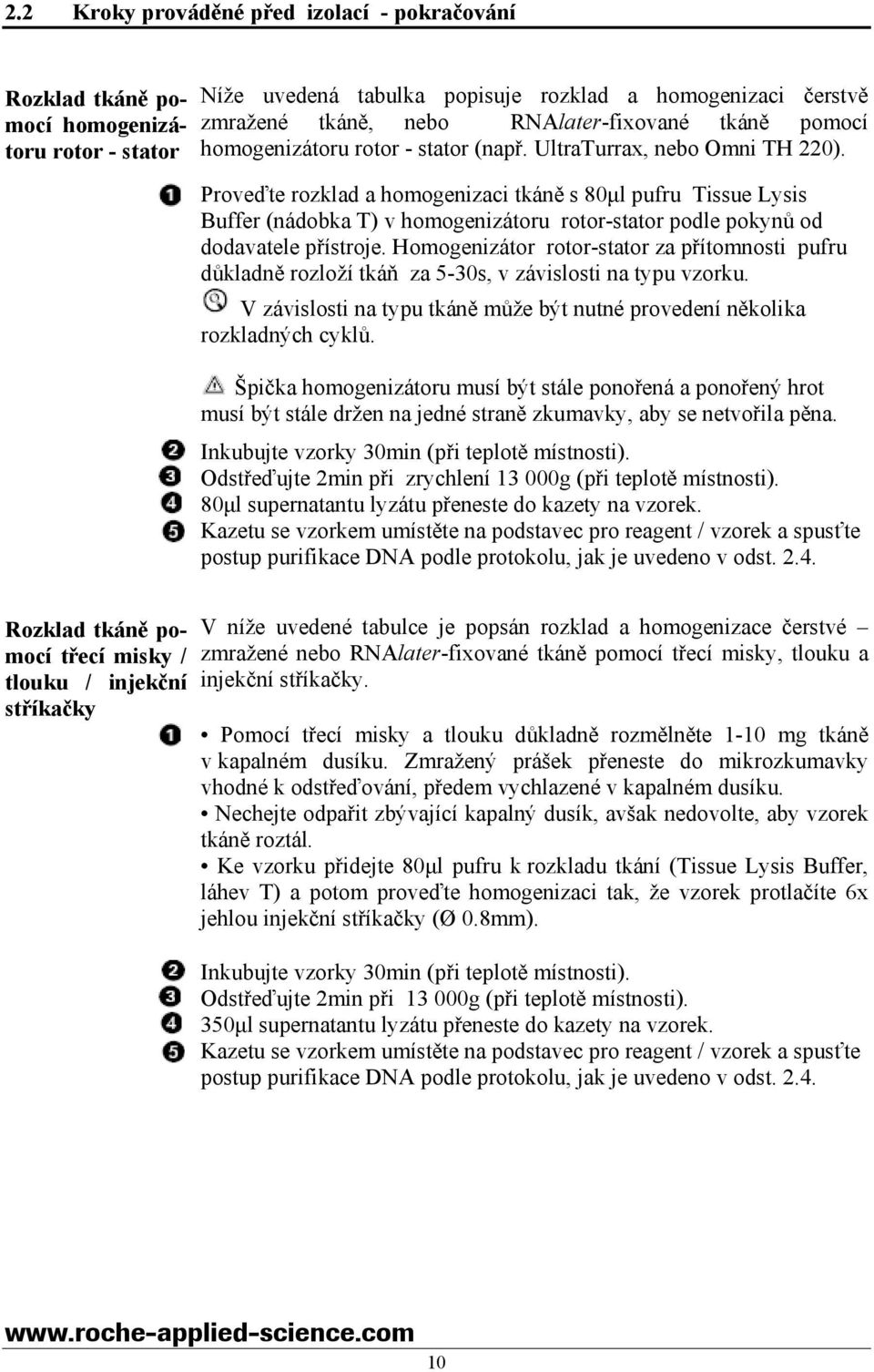 Proveďte rozklad a homogenizaci tkáně s 80µl pufru Tissue Lysis Buffer (nádobka T) v homogenizátoru rotor-stator podle pokynů od dodavatele přístroje.