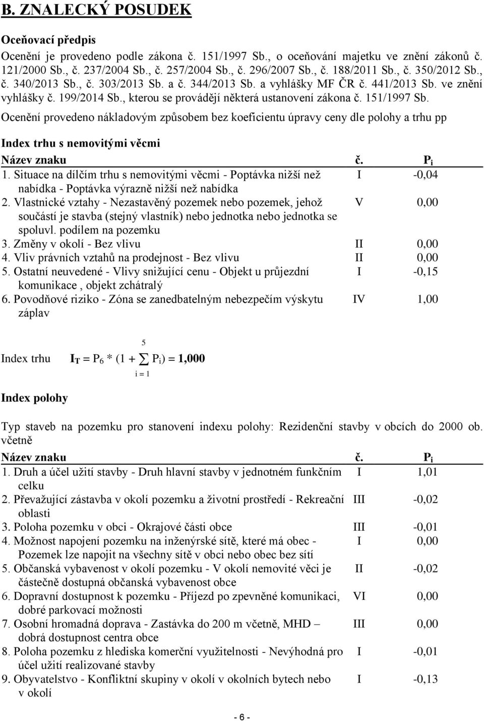 Ocenění provedeno nákladovým způsobem bez koeficientu úpravy ceny dle polohy a trhu pp Index trhu s nemovitými věcmi Název znaku č. P i 1.