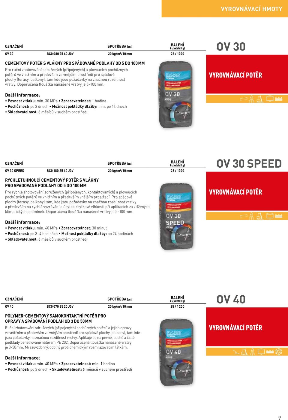 Doporučená tloušťka nanášené vrstvy je 5 100 mm. OV 30 VYROVNÁVACÍ POTĚR Pevnost v tlaku: min. 30 MPa Zpracovatelnost: 1 hodina Pochůznost: po 3 dnech Možnost pokládky dlažby: min.