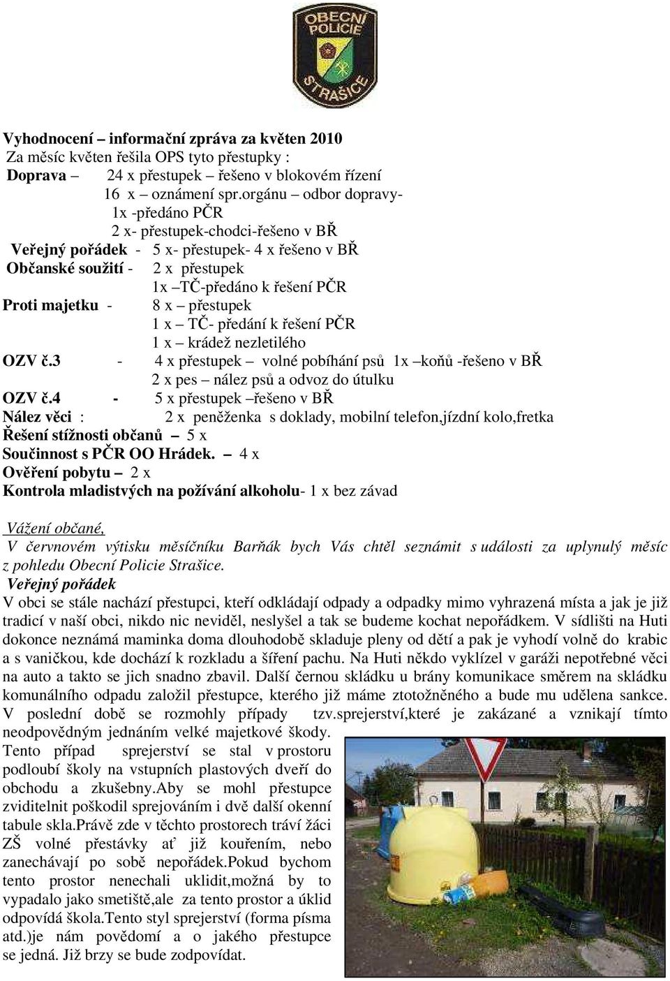 x přestupek 1 x TČ- předání k řešení PČR 1 x krádež nezletilého OZV č.3-4 x přestupek volné pobíhání psů 1x koňů -řešeno v BŘ 2 x pes nález psů a odvoz do útulku OZV č.