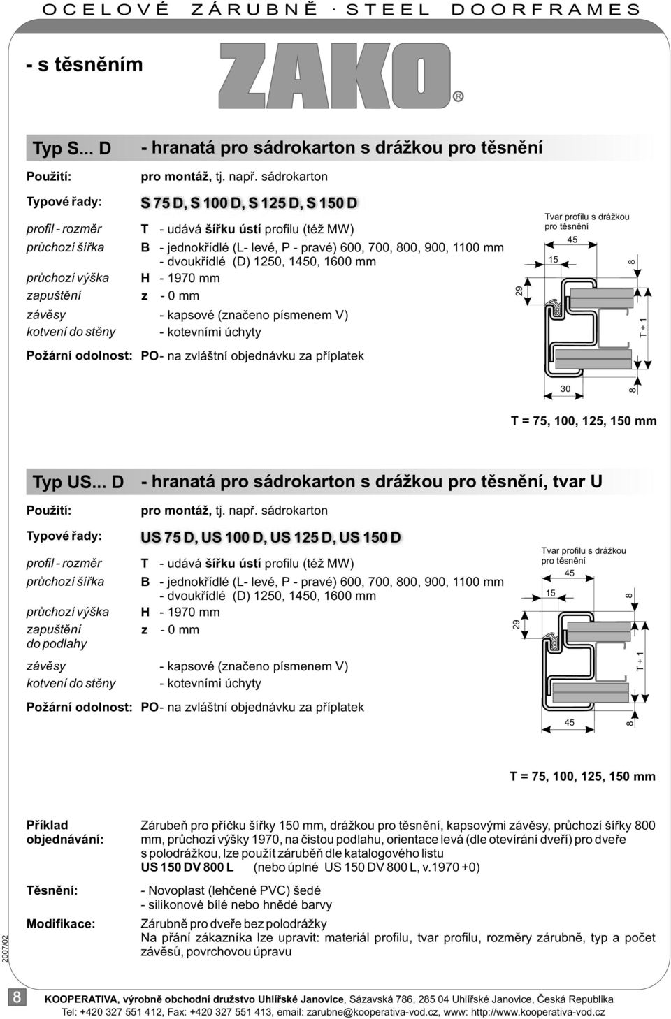 kotevními úchyty Tvar profilu s drážkou pro tìsnìní T + 1 T = 75, 100, 125, 0 mm Typ US... D - hranatá pro sádrokarton s drážkou pro tìsnìní, tvar U do podlahy pro montáž, tj. napø.