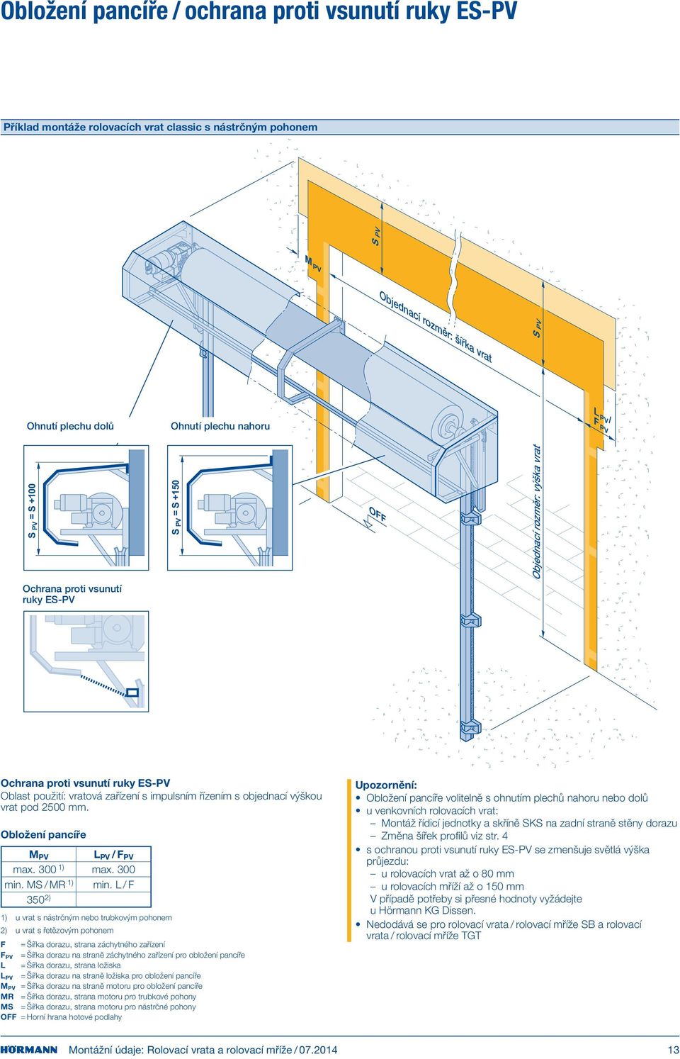 objednací výškou vrat pod 2 mm. Obložení pancíře M PV L PV / F PV max. 300 1) max. 300 min. MS / MR 1) min.