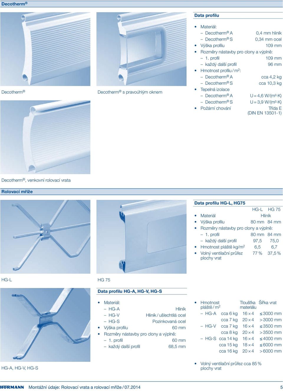 chování Třída E (DIN EN 13501-1) Decotherm, venkovní rolovací vrata Rolovací mříže Data profilu HG-L, HG75 HG-L HG 75 Materiál Hliník Výška profilu 80 mm 84 mm Rozměry nástavby pro clony a výplně: 1.