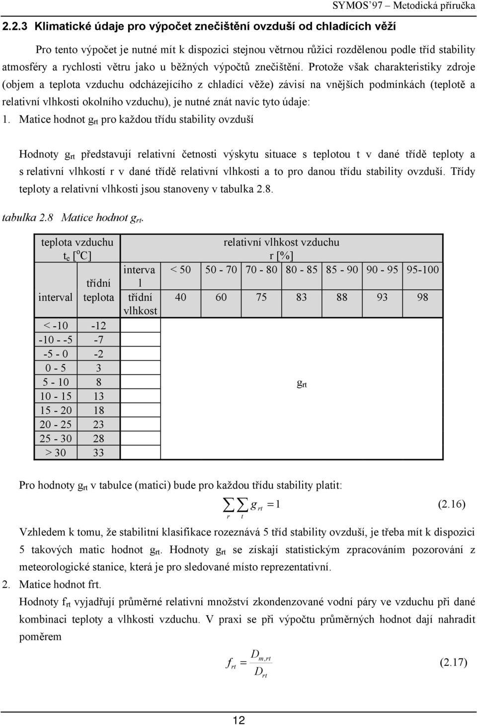 Matice odnot g rt pro každo tříd stabilit ovdší Hodnot g rt představjí relativní četnosti výskt sitace s teploto t v dané třídě teplot a s relativní vlkostí r v dané třídě relativní vlkosti a to pro