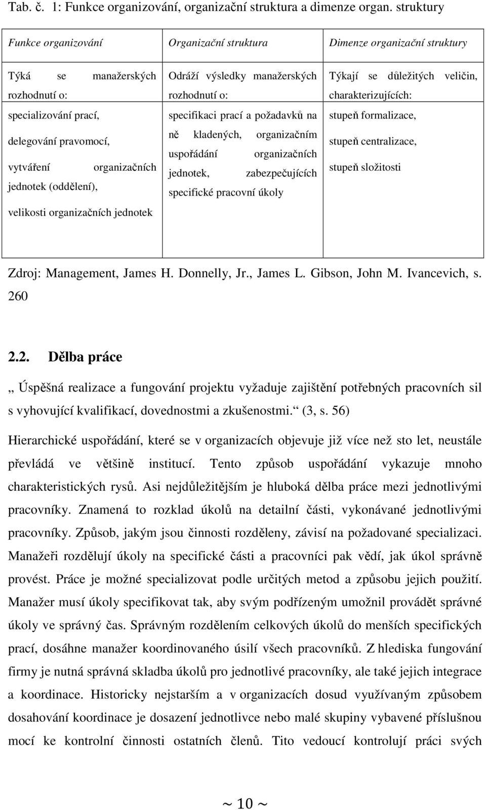 (oddělení), velikosti organizačních jednotek Odráží výsledky manažerských rozhodnutí o: specifikaci prací a požadavků na ně kladených, organizačním uspořádání organizačních jednotek, zabezpečujících